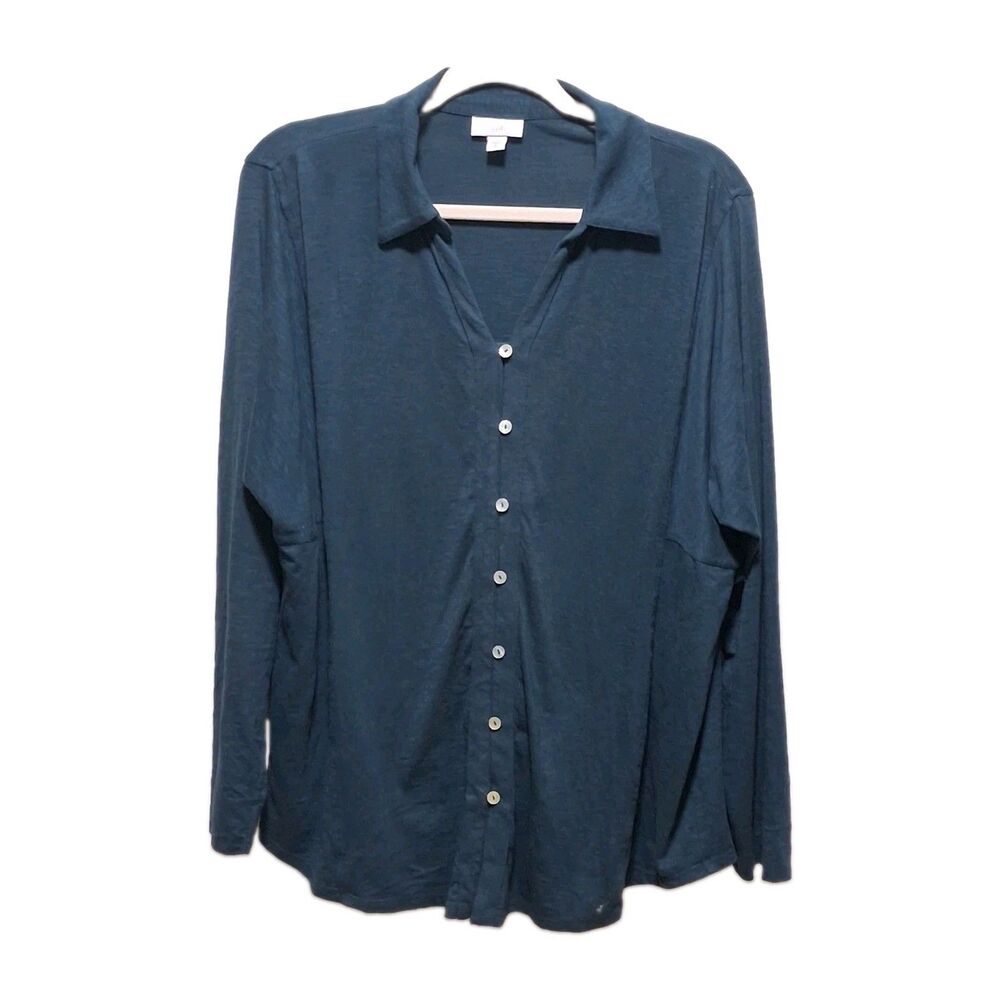 Relaxed Deep Teal Slub Cotton Blend Button-Up Shirt J. Jill Women’s Size M - Picture 3 of 15